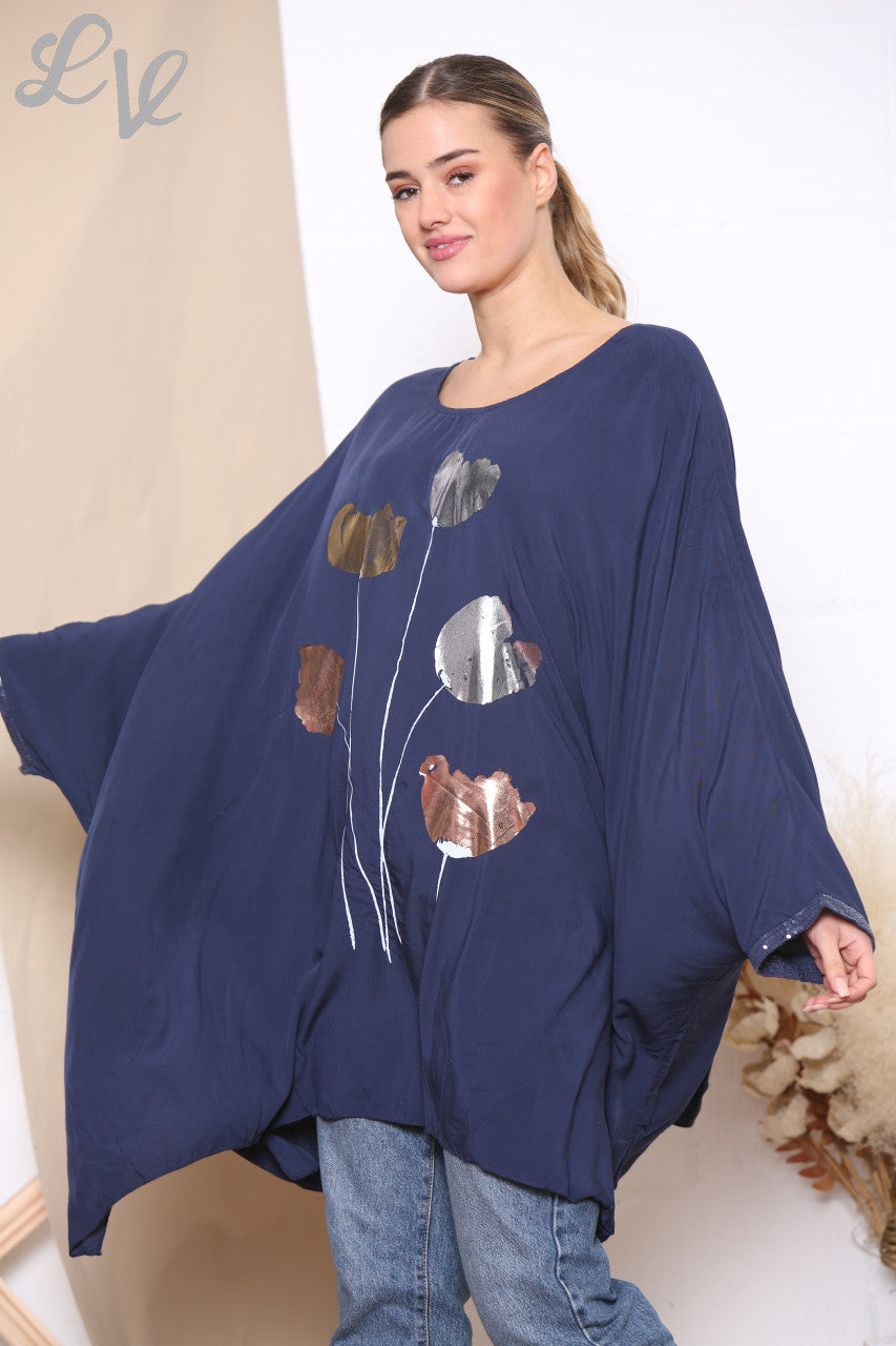 Dames Folie Bloemen Batwing Top Marineblauw