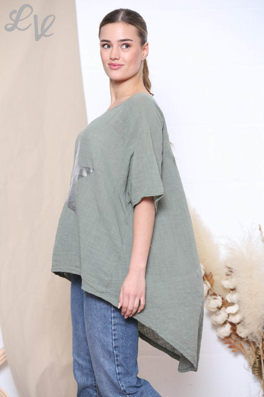 Ladies Foil Star Front Top Khaki