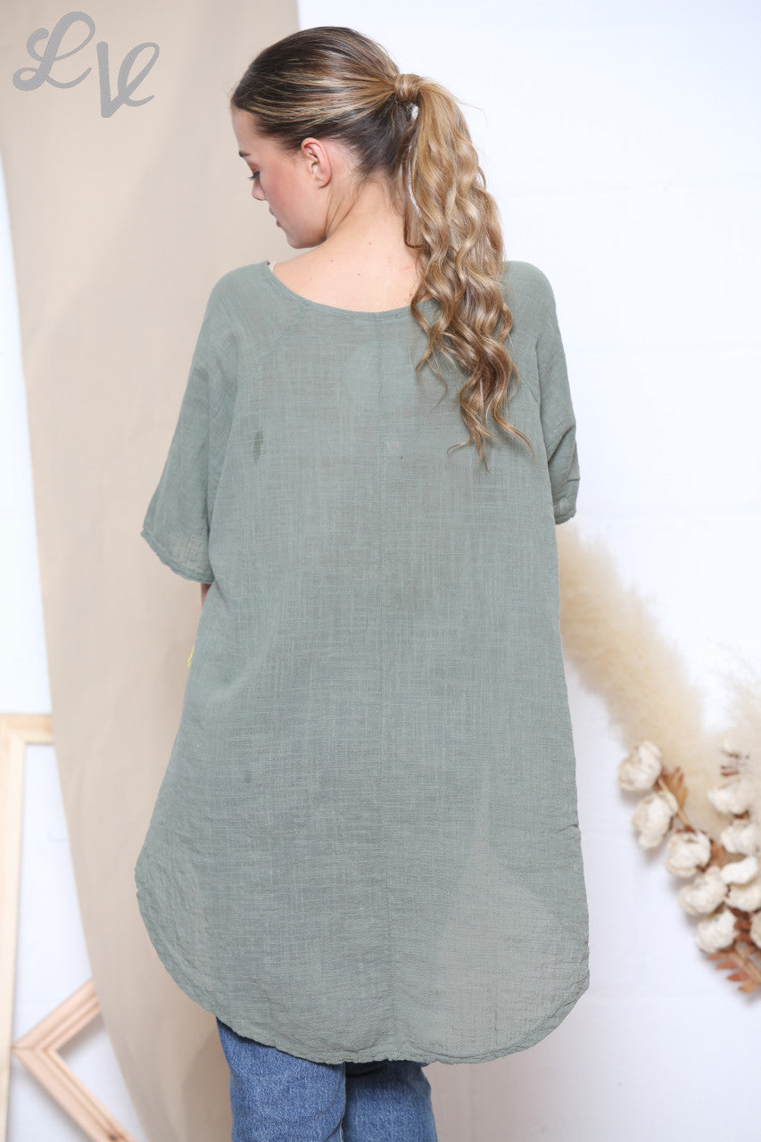 Ladies Foil Star Front Top Khaki