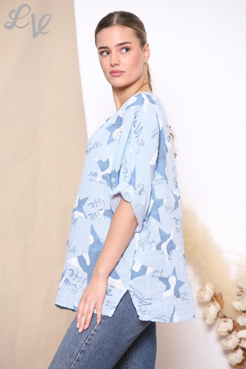Dames top met sterrenprint Hemelsblauw