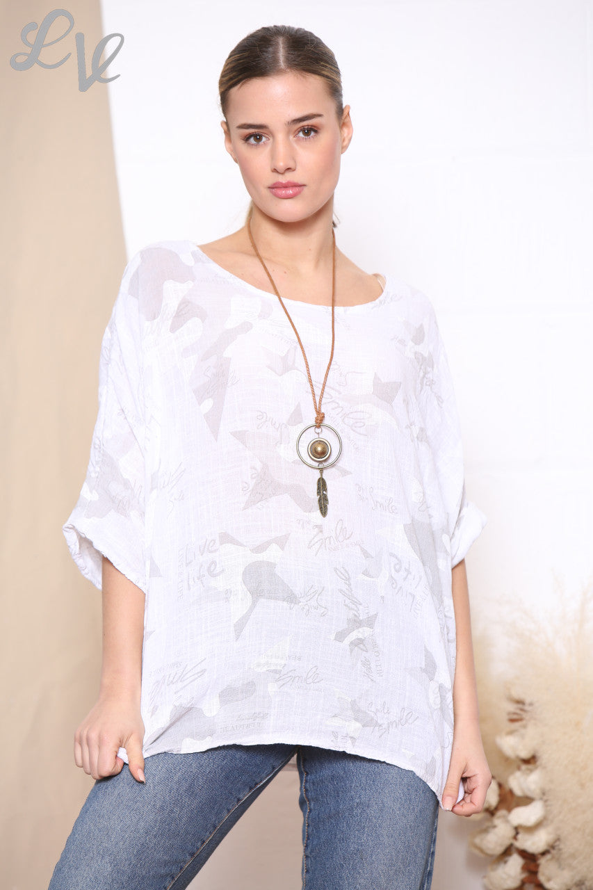 Ladies Stars Print Top White