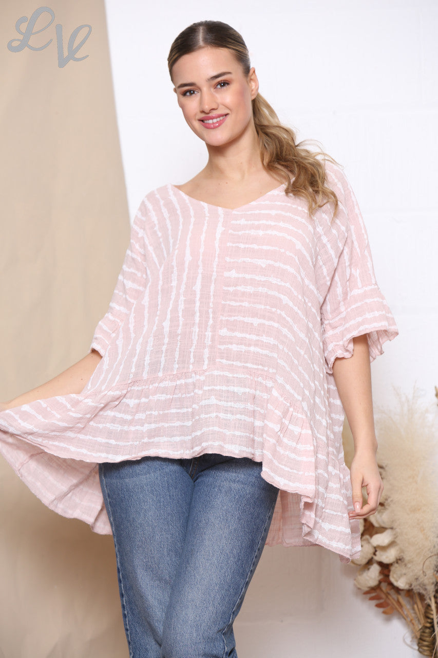 Ladies Striped Floaty Top Dusty Pink