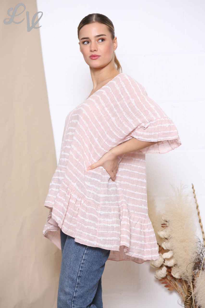 Ladies Striped Floaty Top Dusty Pink