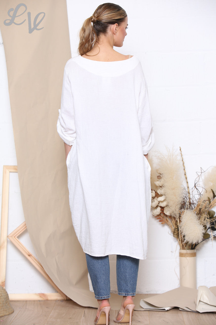 Ladies Drawstring Hem Tunic Top Dress White