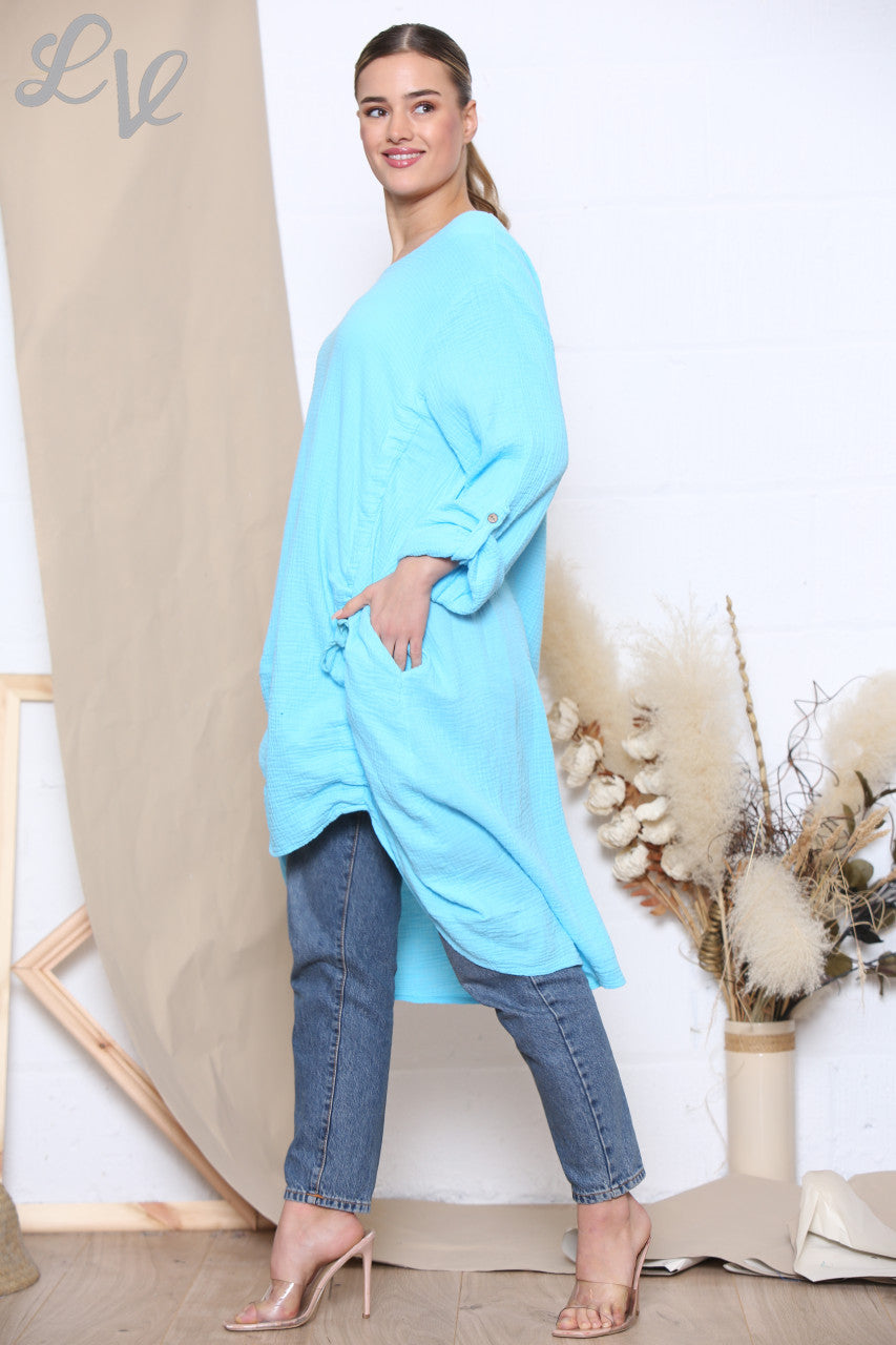Ladies Drawstring Hem Tunic Top Dress Turquoise