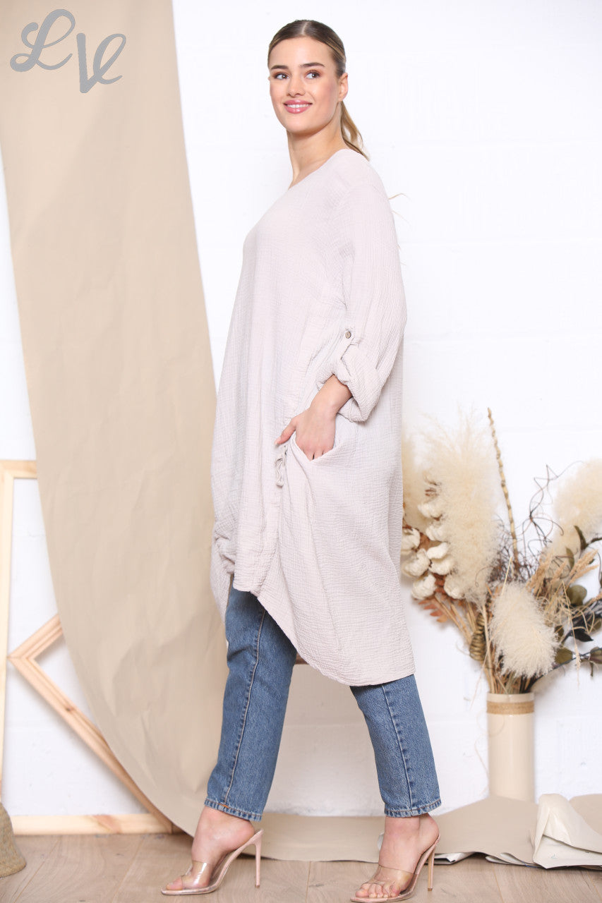 Ladies Drawstring Hem Tunic Top Dress Stone