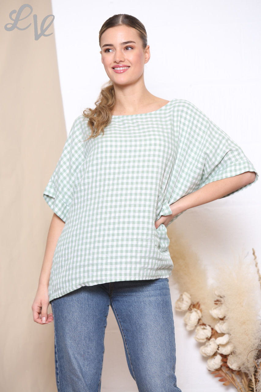 Ladies Gingham Print Button Back Detail Top Khaki