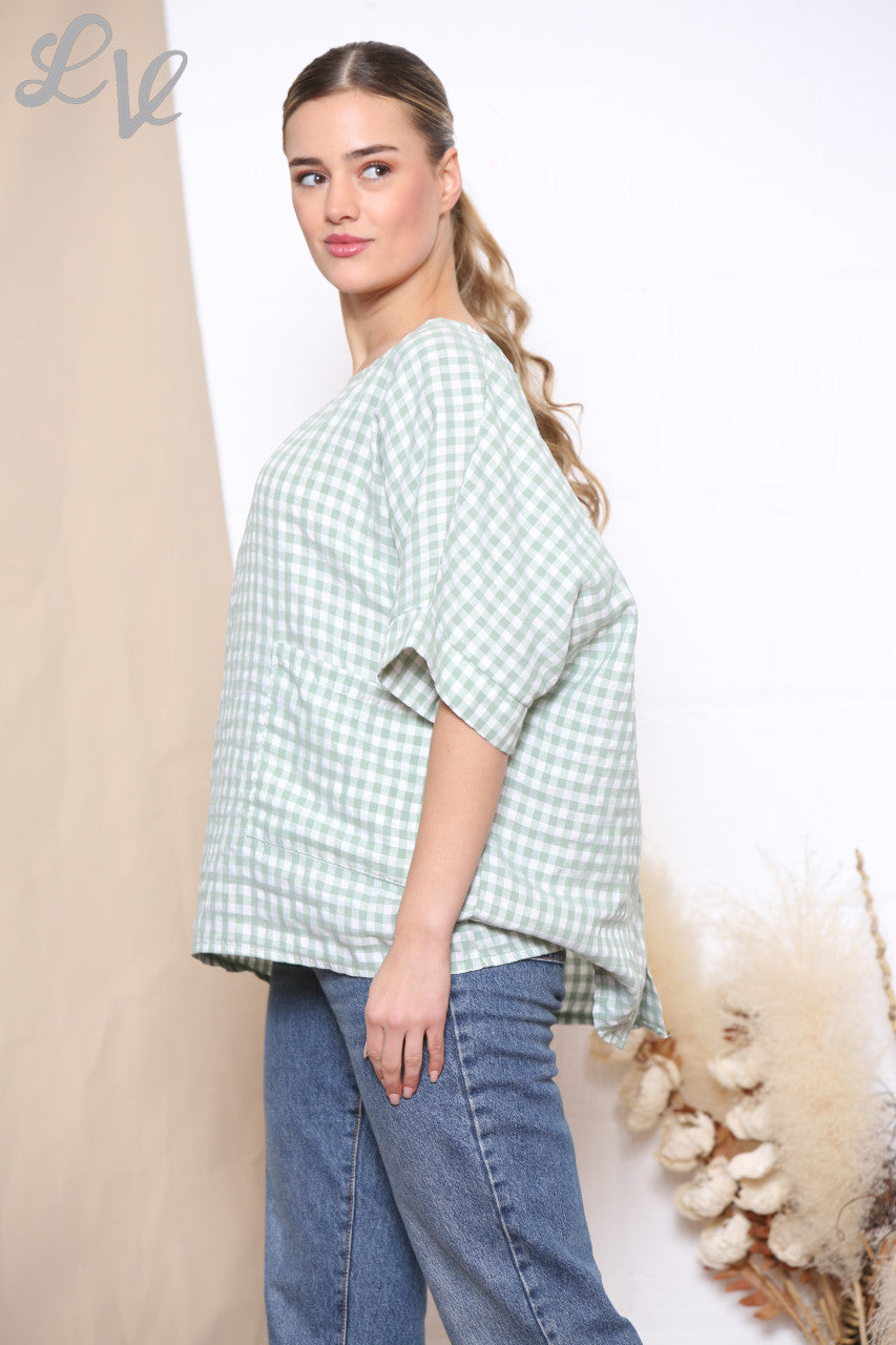 Ladies Gingham Print Button Back Detail Top Khaki