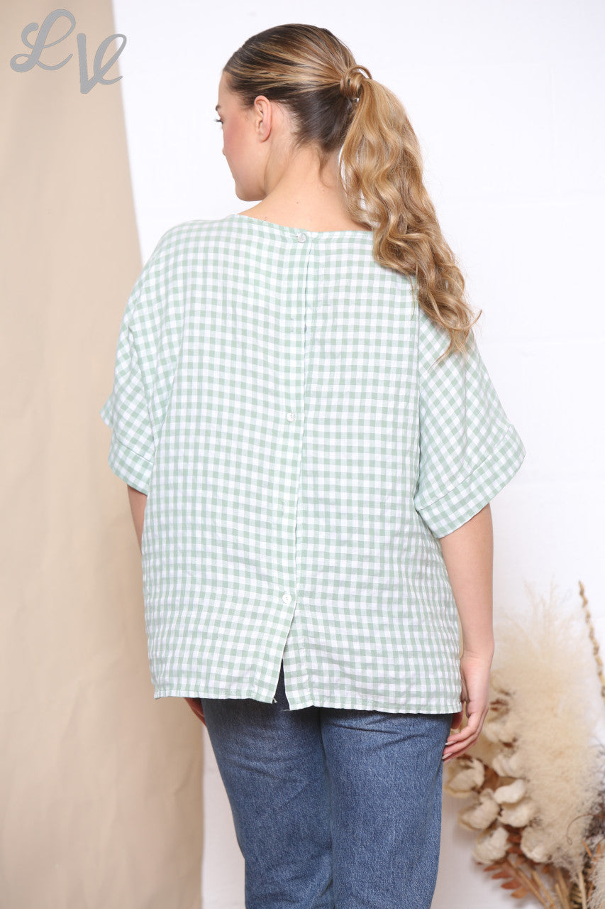 Ladies Gingham Print Button Back Detail Top Khaki