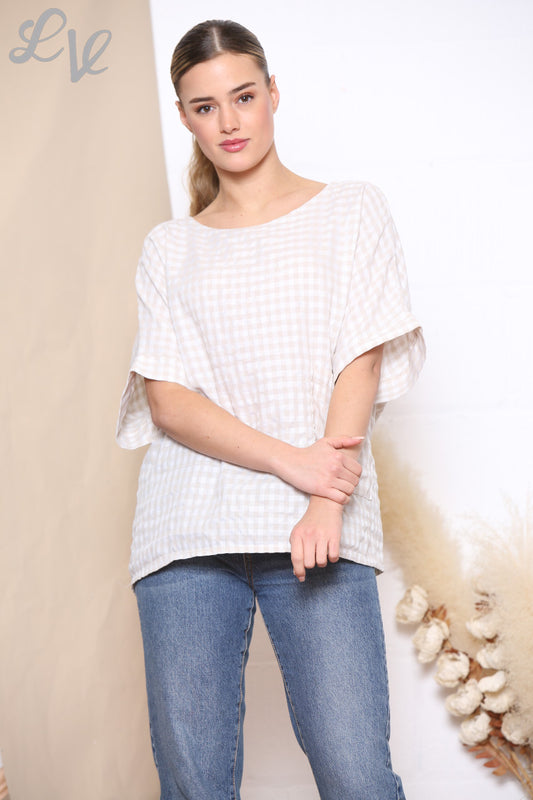 Ladies Gingham Print Button Back Detail Top Dusty Pink