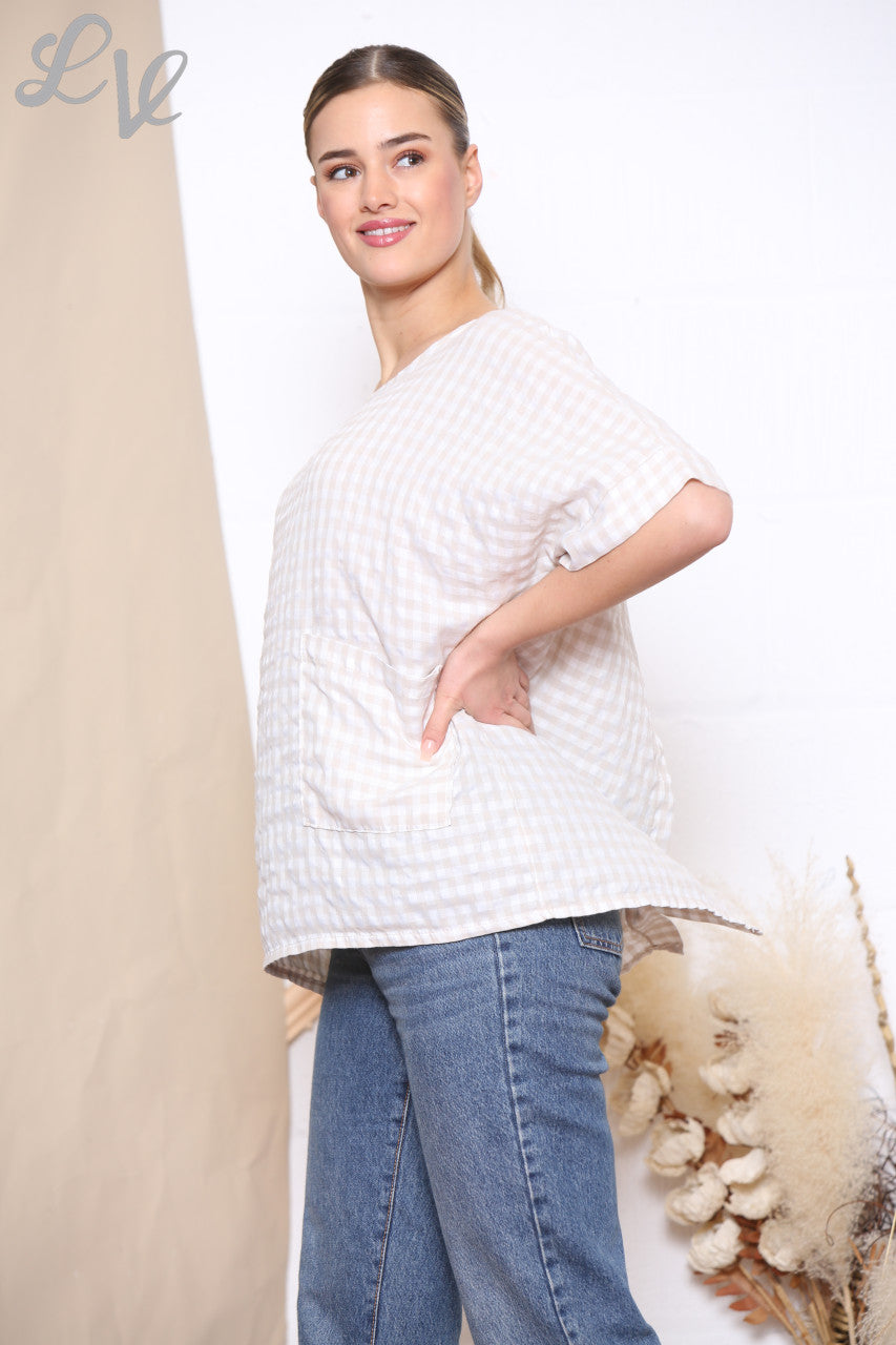Dames Gingham Print Top met Knoopjes Achteraan Stoffig Roze