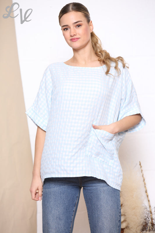 Ladies Gingham Print Button Back Detail Top Sky Blue