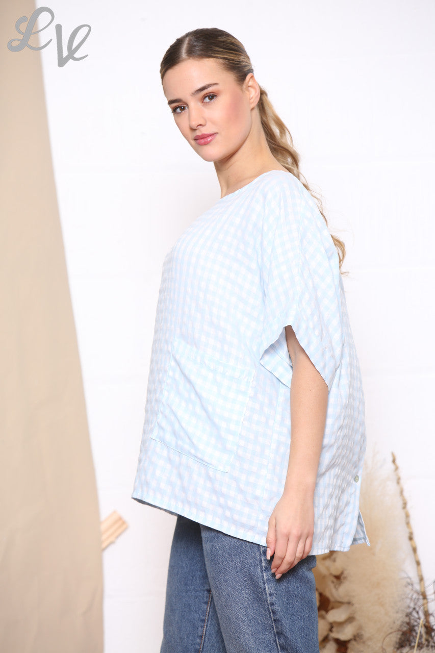 Ladies Gingham Print Button Back Detail Top Sky Blue