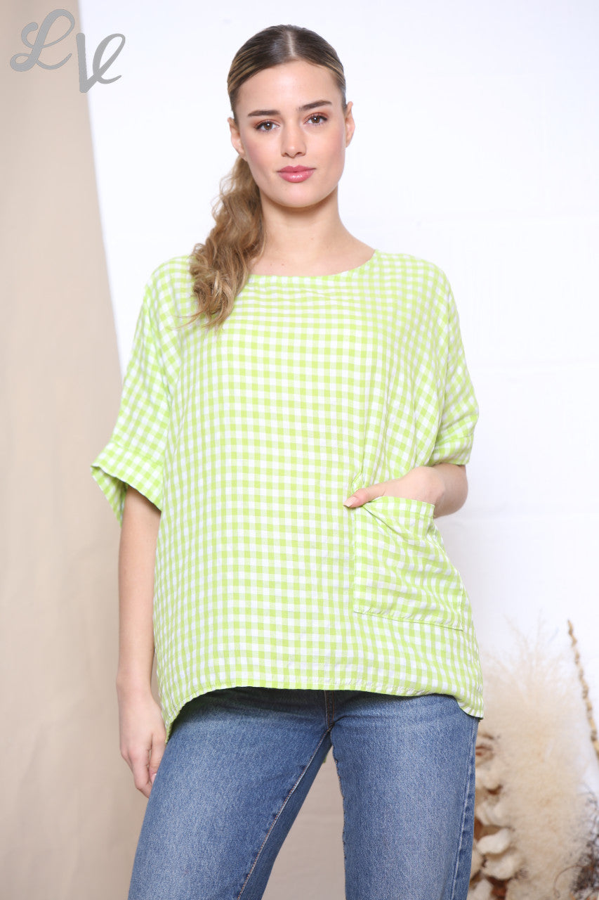 Dames Gingham Print Top met Knoopjesdetail op de Rug Limoen