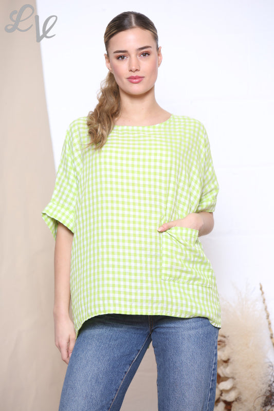 Ladies Gingham Print Button Back Detail Top Lime