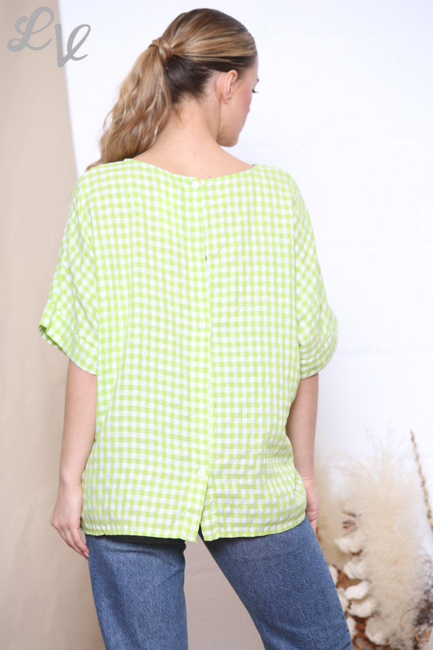 Dames Gingham Print Top met Knoopjesdetail op de Rug Limoen
