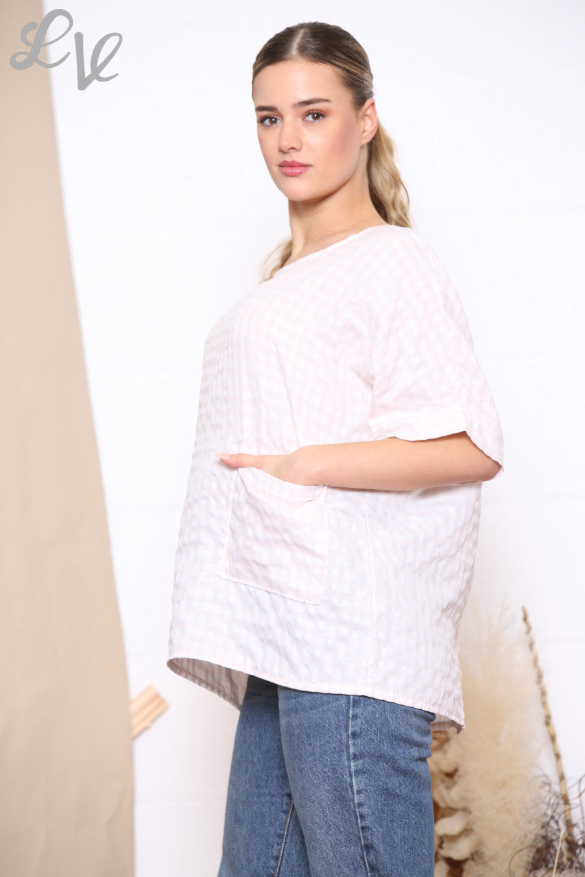 Dames Gingham Print Top met Knopen aan de Achterkant Steenkleurig