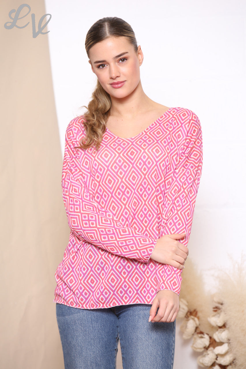 Dames Top Met Geometrische Ruitprint Cerise