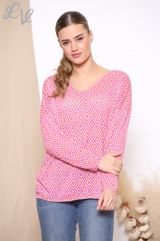 Ladies Geo Diamond Print Top Cerise