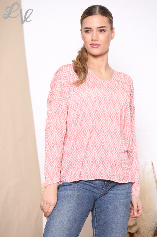 Ladies Geo Diamond Print Top Pink