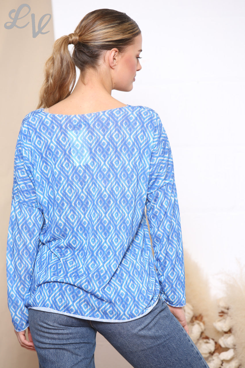Dames Geo Diamond Print Top Koningsblauw