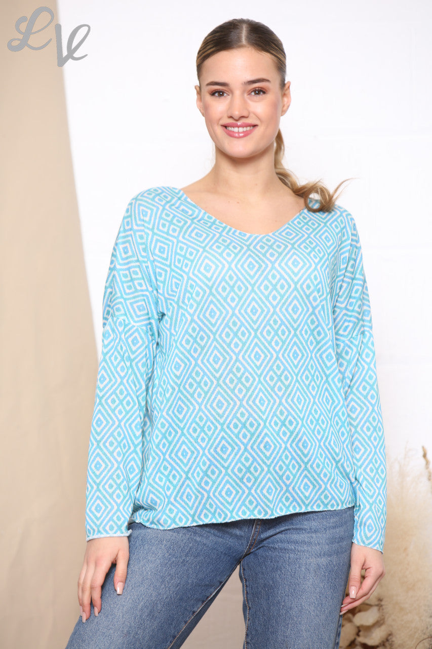 Ladies Geo Diamond Print Top Turquoise