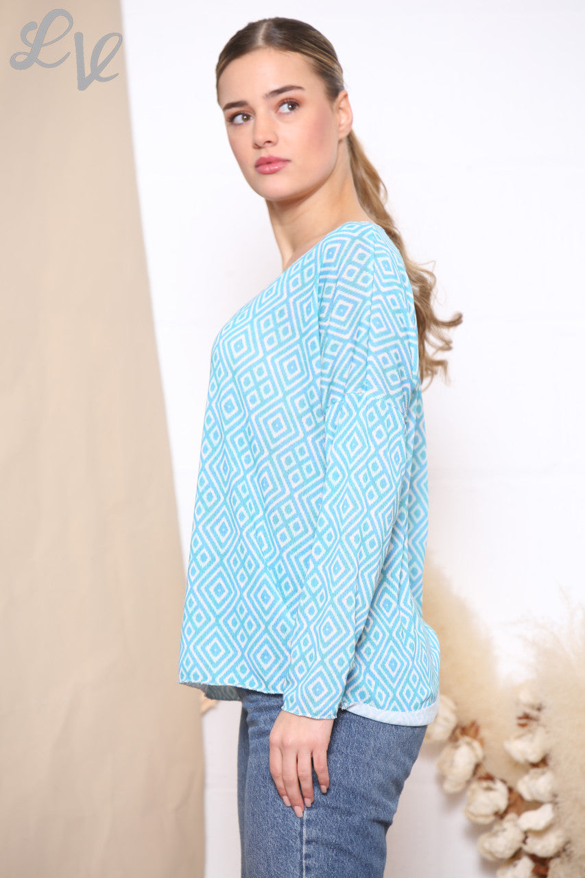 Ladies Geo Diamond Print Top Turquoise