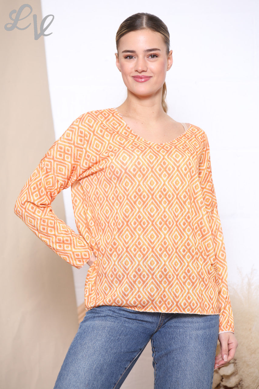 Dames top met geometrische ruitprint oranje