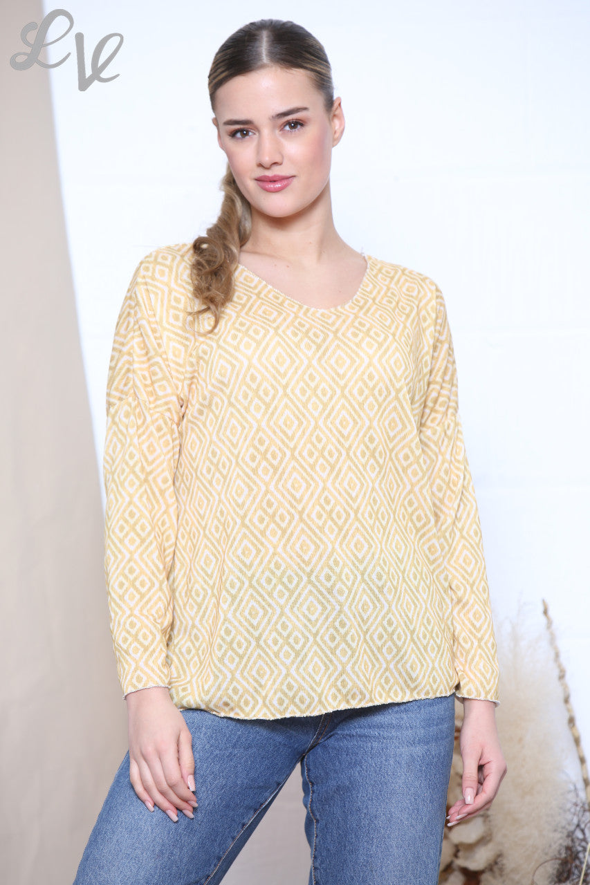 Ladies Geo Diamond Print Top Mustard