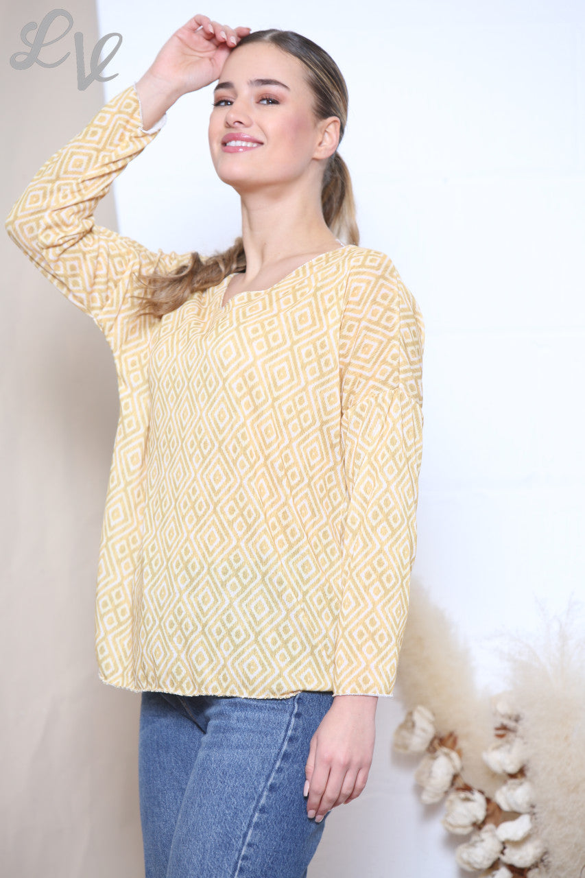 Ladies Geo Diamond Print Top Mustard