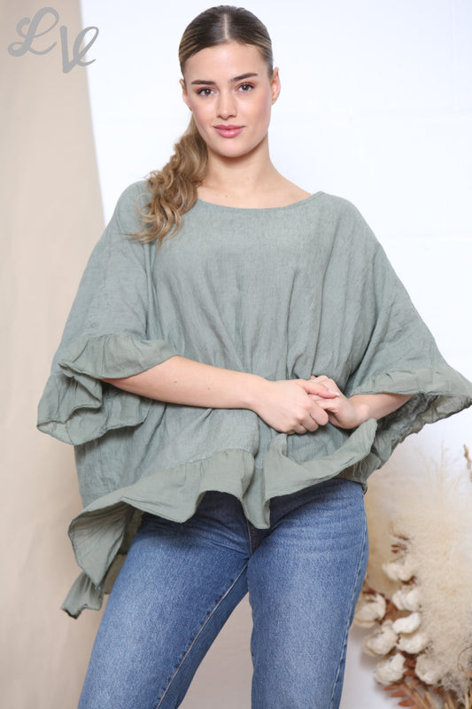 Dames Floaty Top met Zoom en Mouwen Kaki