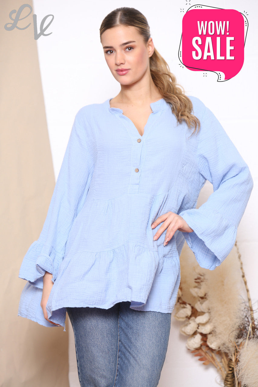 Ladies Smock Tunic Top Light Blue