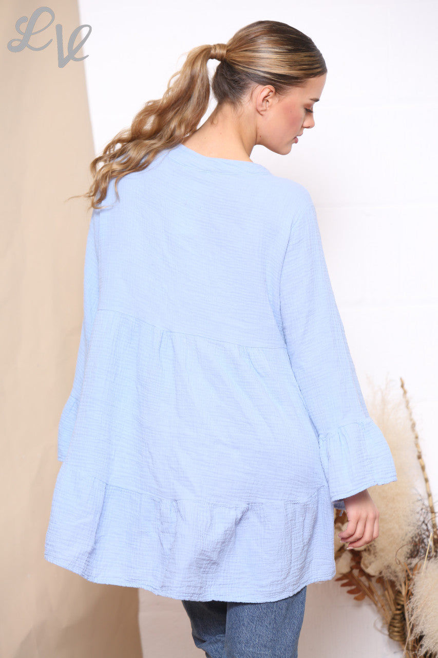Ladies Smock Tunic Top Light Blue