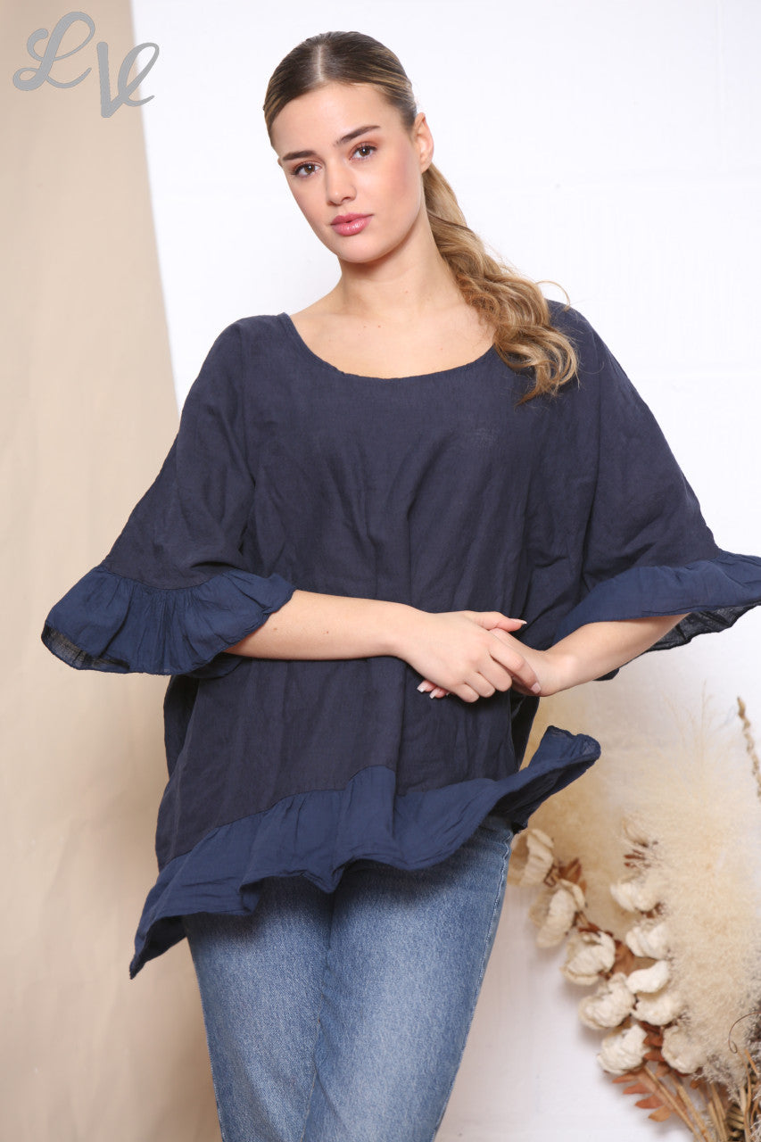 Ladies Floaty Hem & Sleeve Top Navy