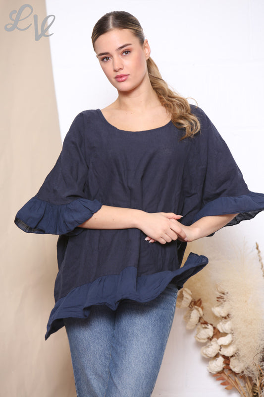 Dames Top met Uitlopende Zoom en Mouwen Marineblauw