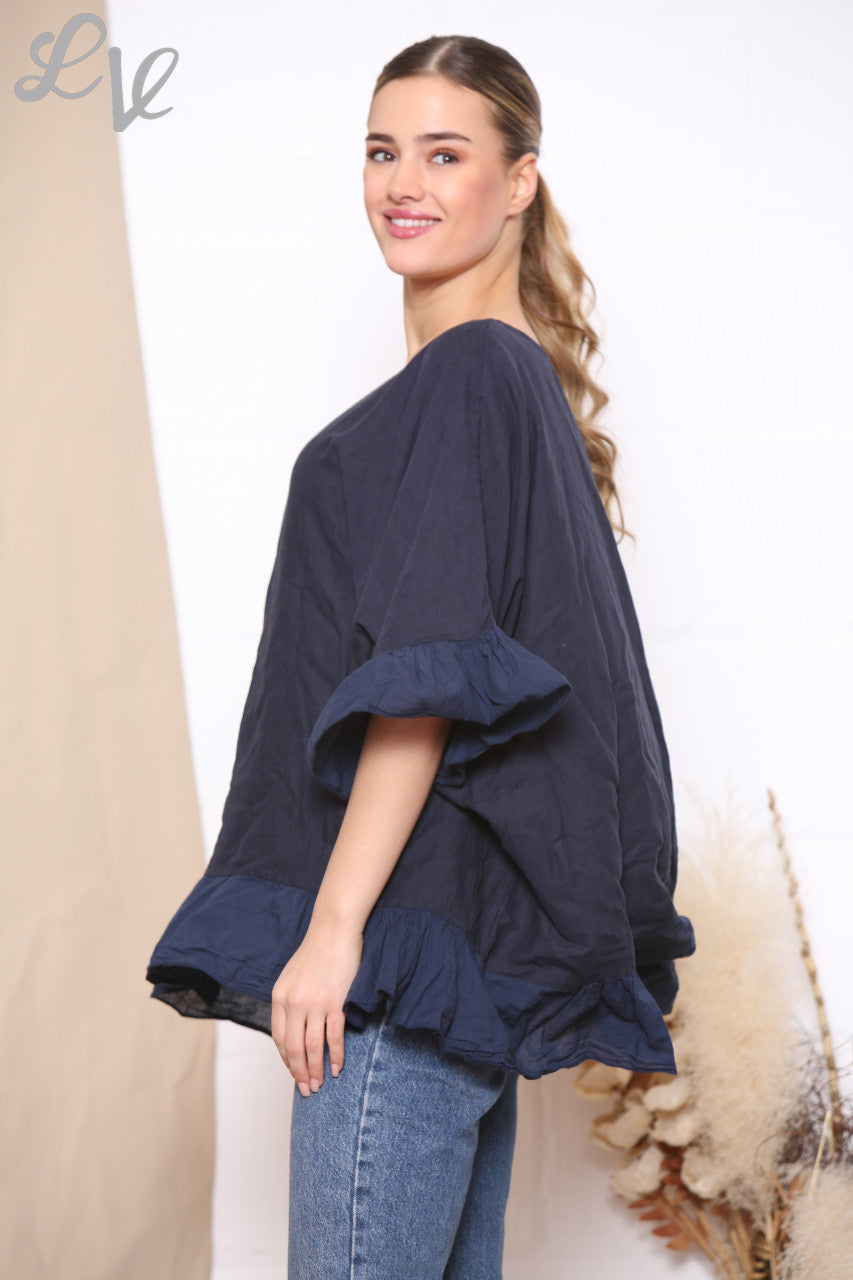 Ladies Floaty Hem & Sleeve Top Navy