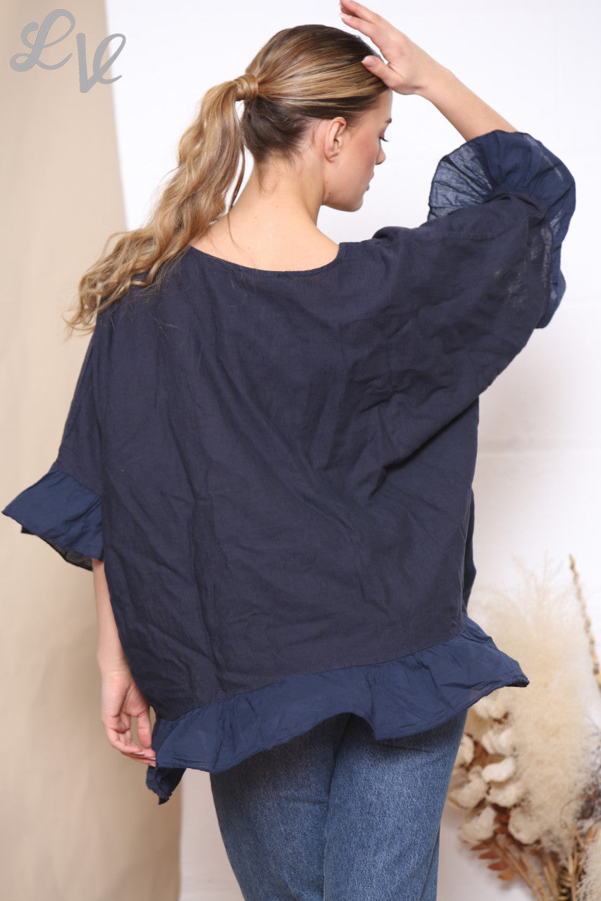 Ladies Floaty Hem & Sleeve Top Navy