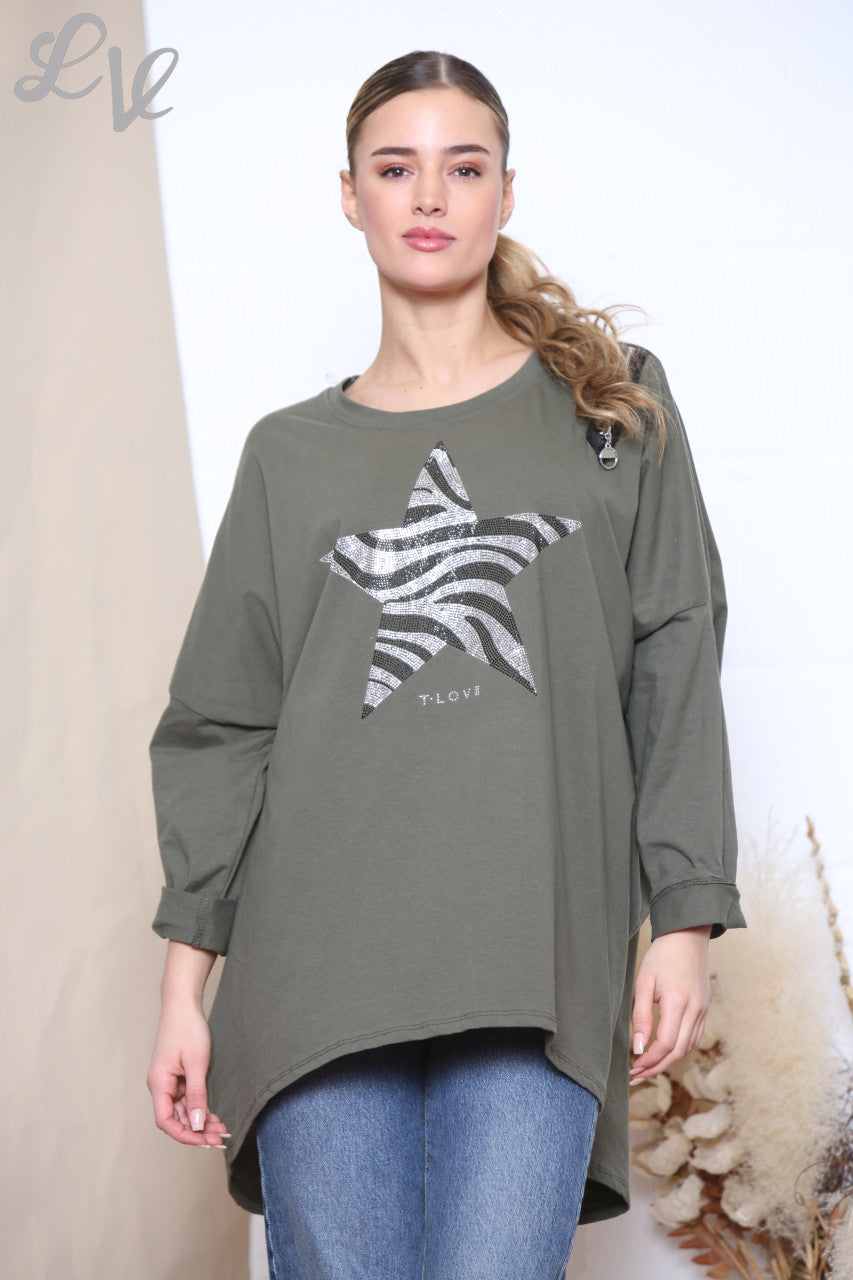 Dames Sequin Ster Ritssluiting Schouder Sweatshirt Top Khaki