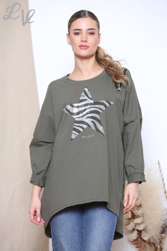 Ladies Sequin Star Zip Shoulder Sweatshirt Top Khaki