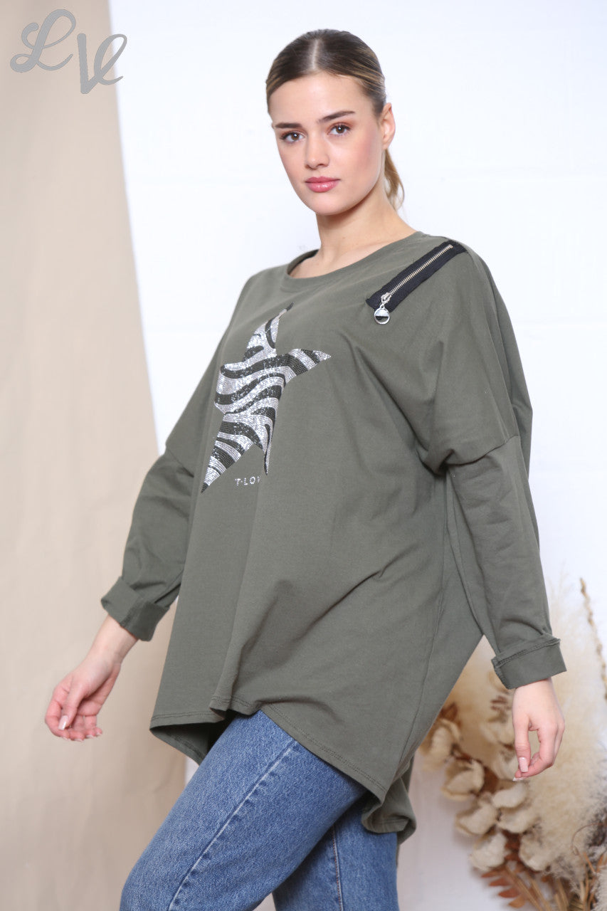 Dames Sequin Ster Ritssluiting Schouder Sweatshirt Top Khaki