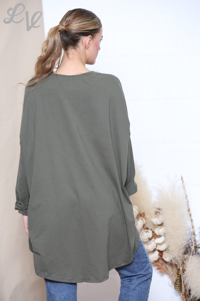 Dames Sequin Ster Ritssluiting Schouder Sweatshirt Top Khaki