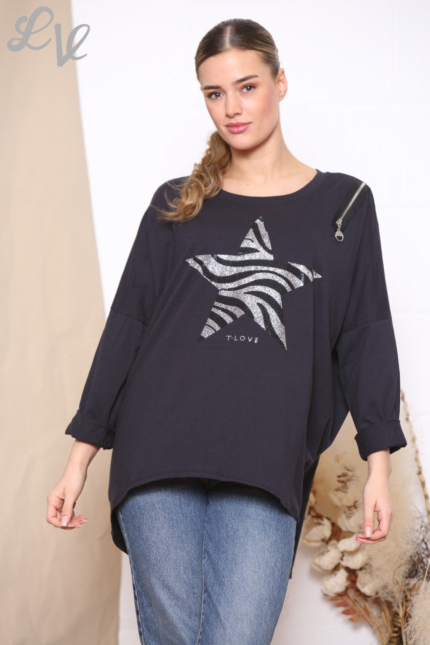 Ladies Sequin Star Zip Shoulder Sweatshirt Top Black