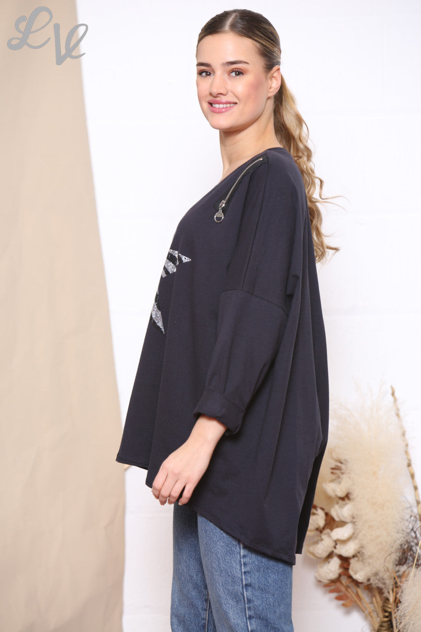 Ladies Sequin Star Zip Shoulder Sweatshirt Top Black
