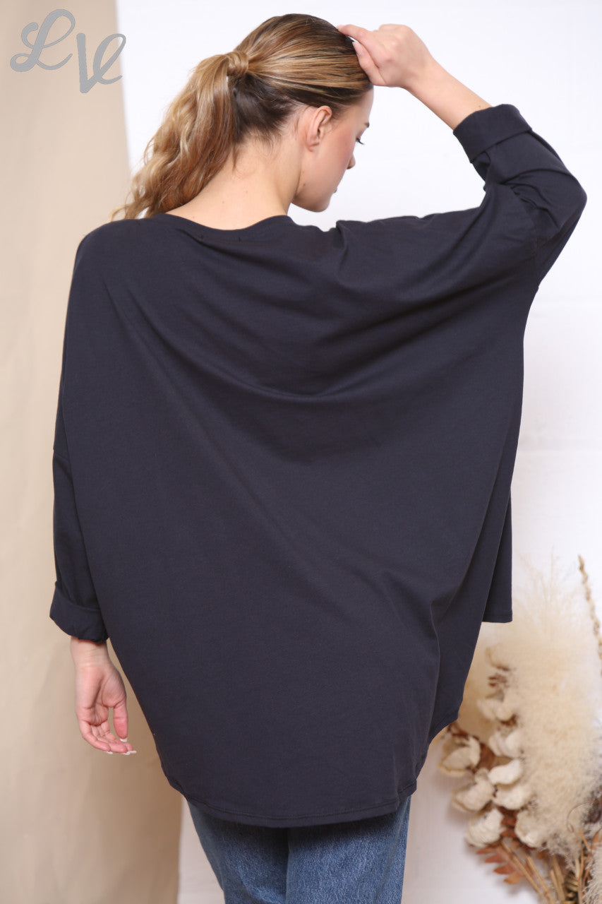 Ladies Sequin Star Zip Shoulder Sweatshirt Top Black