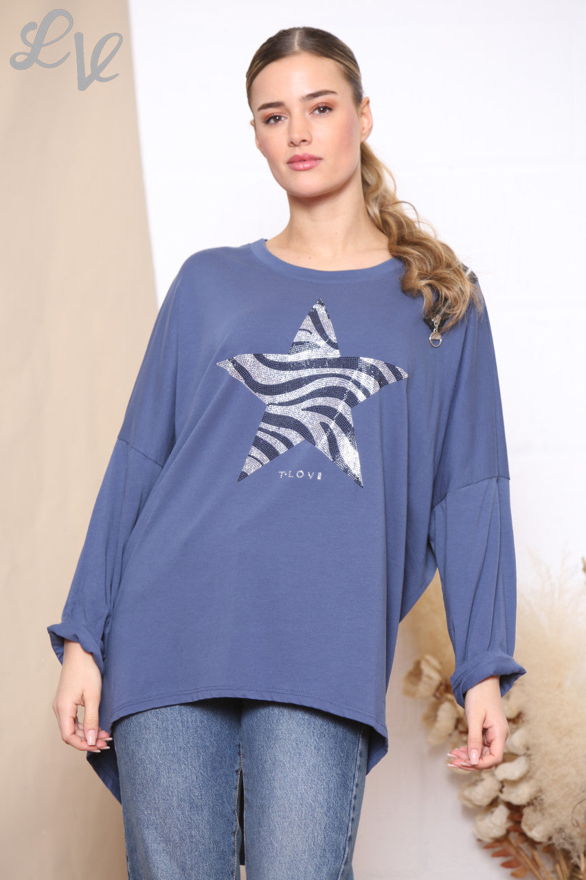 Dames Sequin Star Sweatshirt Top Met Rits Op De Schouder En Denim