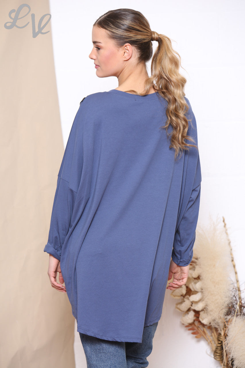 Dames Sequin Star Sweatshirt Top Met Rits Op De Schouder En Denim