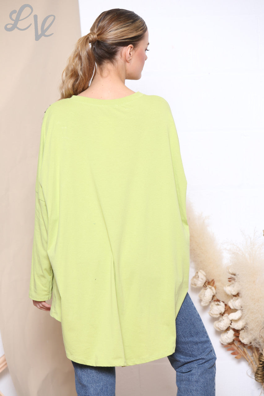 Ladies Sequin Star Zip Shoulder Sweatshirt Top Lime