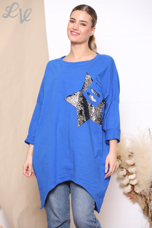 Dames Sequin Ster Patch Sweatshirt Top Koningsblauw