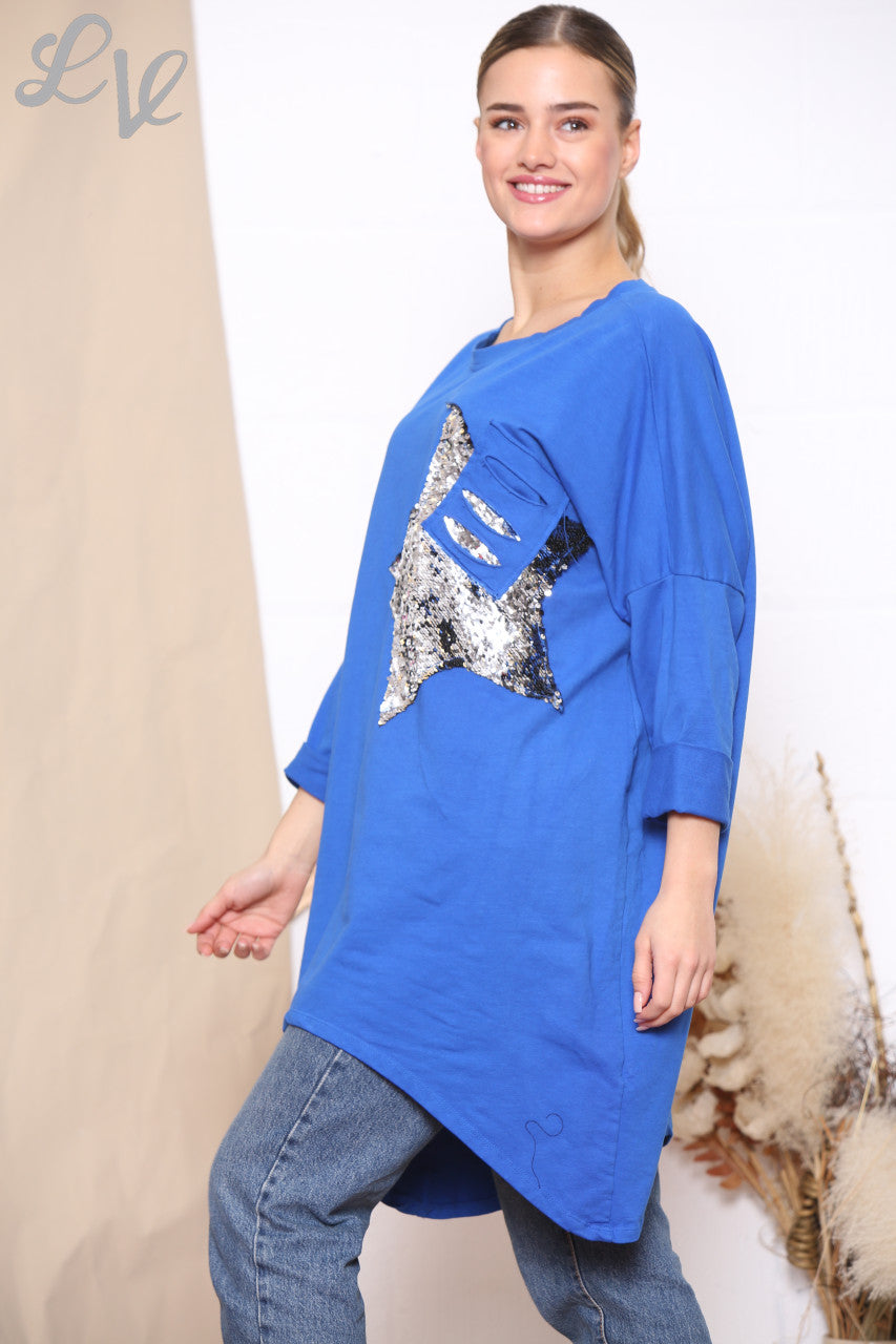 Ladies Sequin Star Patch Sweatshirt Top Royal Blue