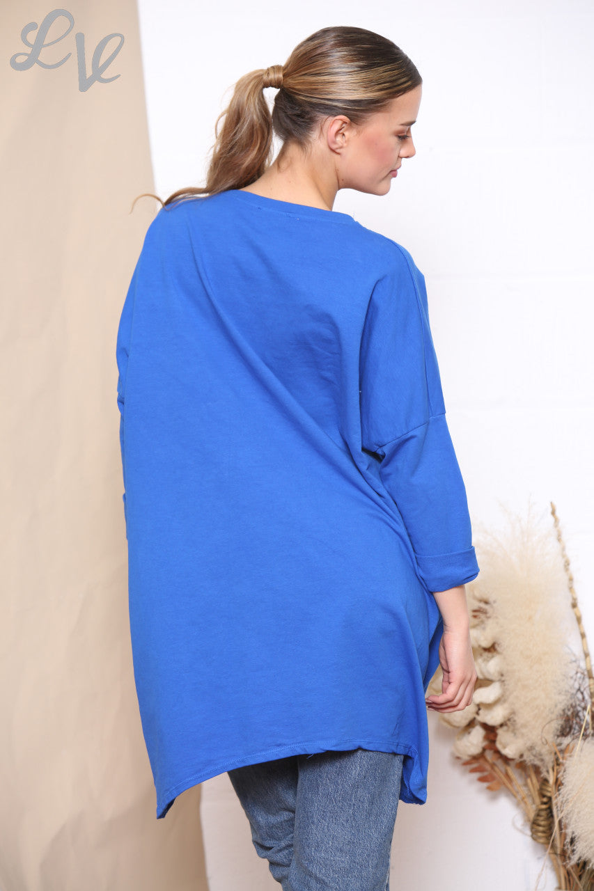 Ladies Sequin Star Patch Sweatshirt Top Royal Blue